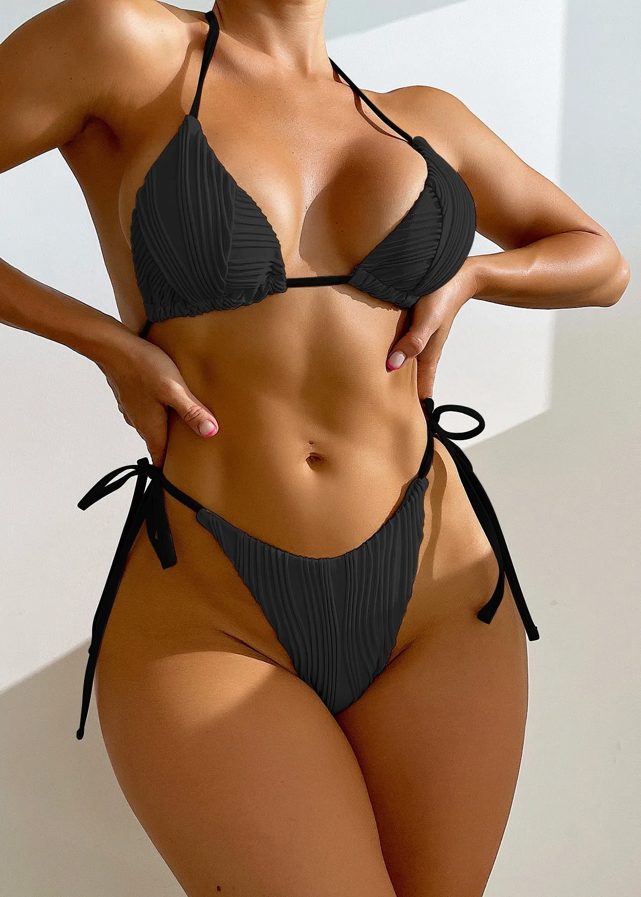 2024 Sexy Apricot Striped Bikini Lace Up Swimwear Set