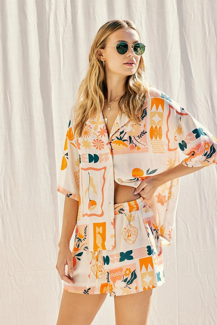 Apricot Printed Shirt Top And Shorts Set