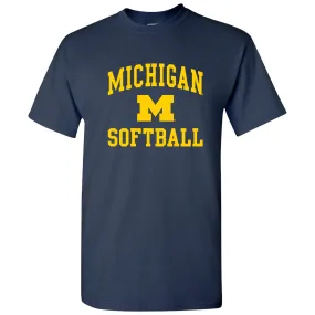 Arch Logo Softball University of Michigan Basic Cotton Short Sleeve T Shirt - Navy