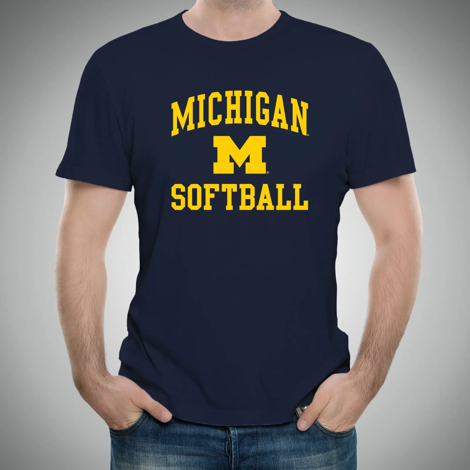 Arch Logo Softball University of Michigan Basic Cotton Short Sleeve T Shirt - Navy