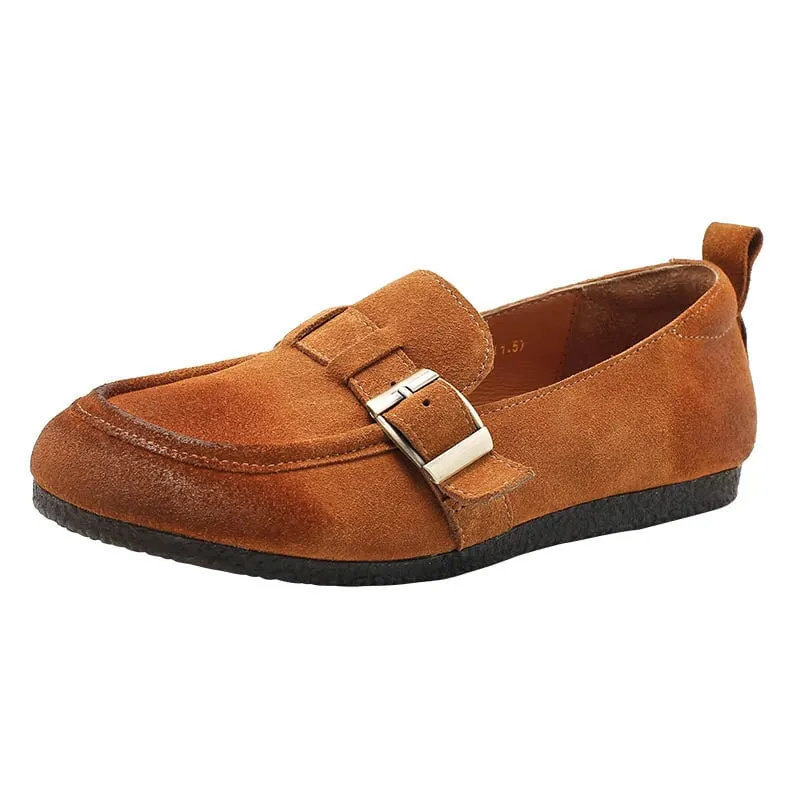 Buckle-fastening Monk Shoes Retro SuedeLeather Loafers for Women 4 Colors