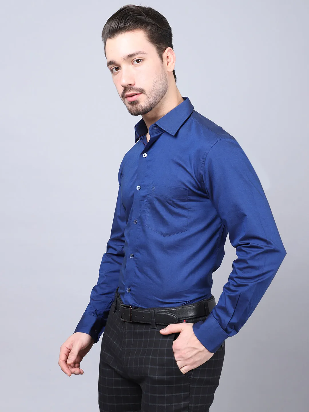 Cotton Blend Solid Blue Full Sleeve Regular Fit Formal Shirt for Men with Pocket