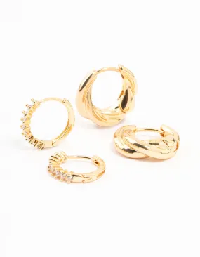 Gold Plated Cubic Zirconia Twist Huggie Earrings 2-Pack