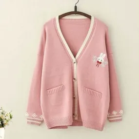 Knit Cardigan With Bunny Embroidery