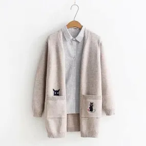 Knit Cardigan With Cat Embroideries