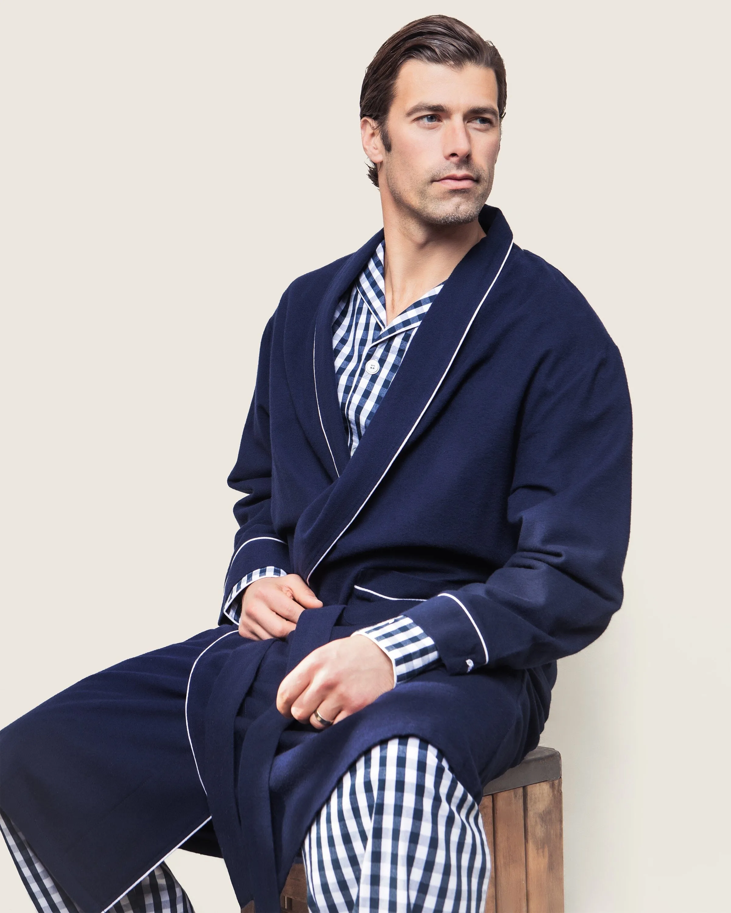 Men's Flannel Robe | Navy with White Piping