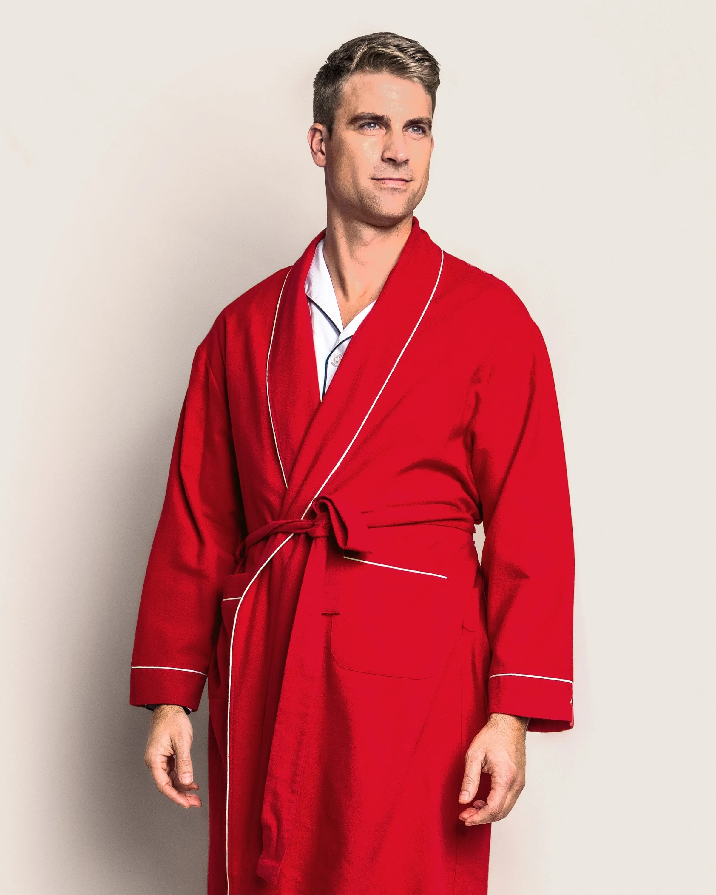 Men's Flannel Robe | Red with White Piping