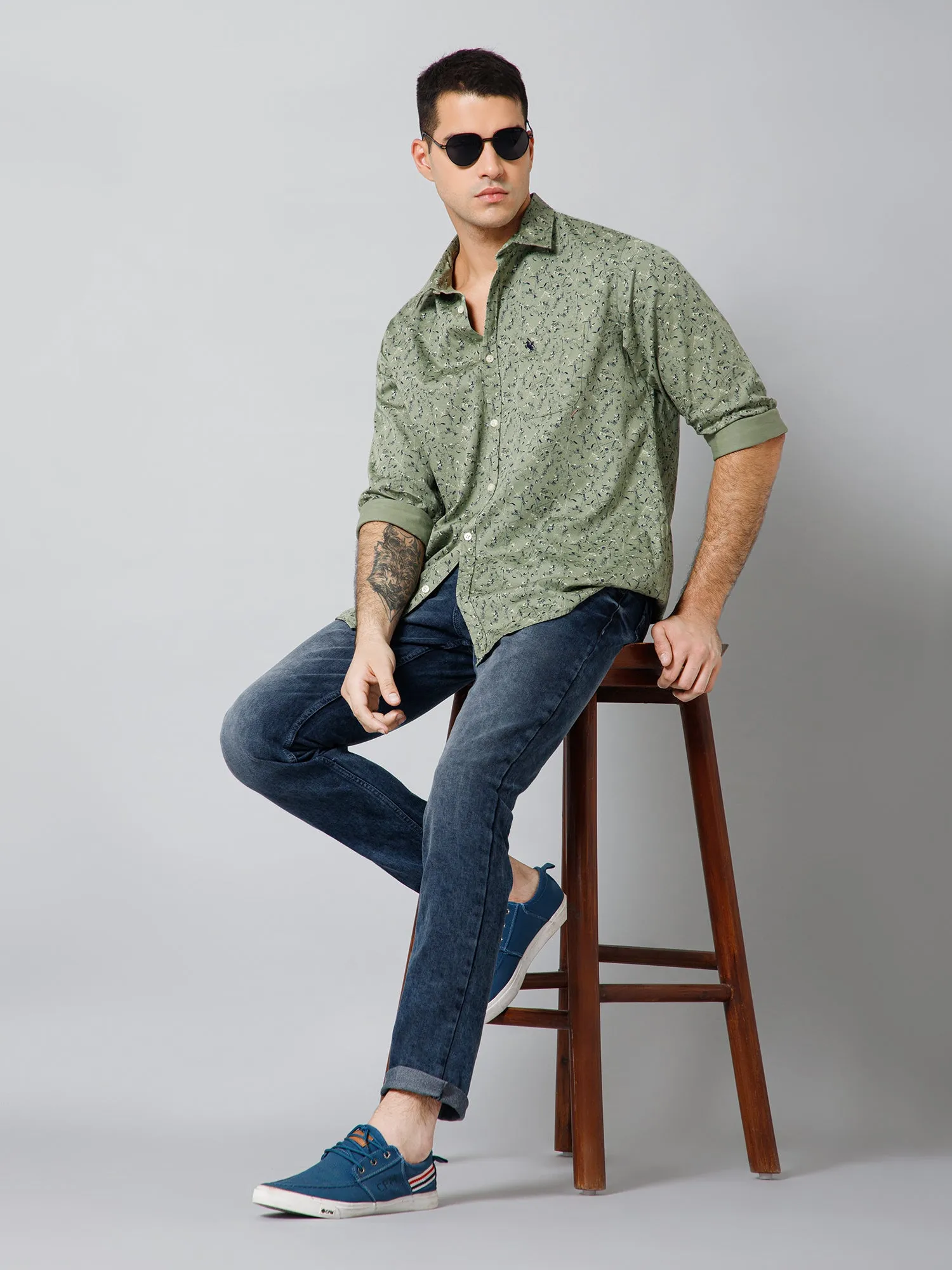 Men's Light Olive Casual Floral Print Full Sleeve Shirt