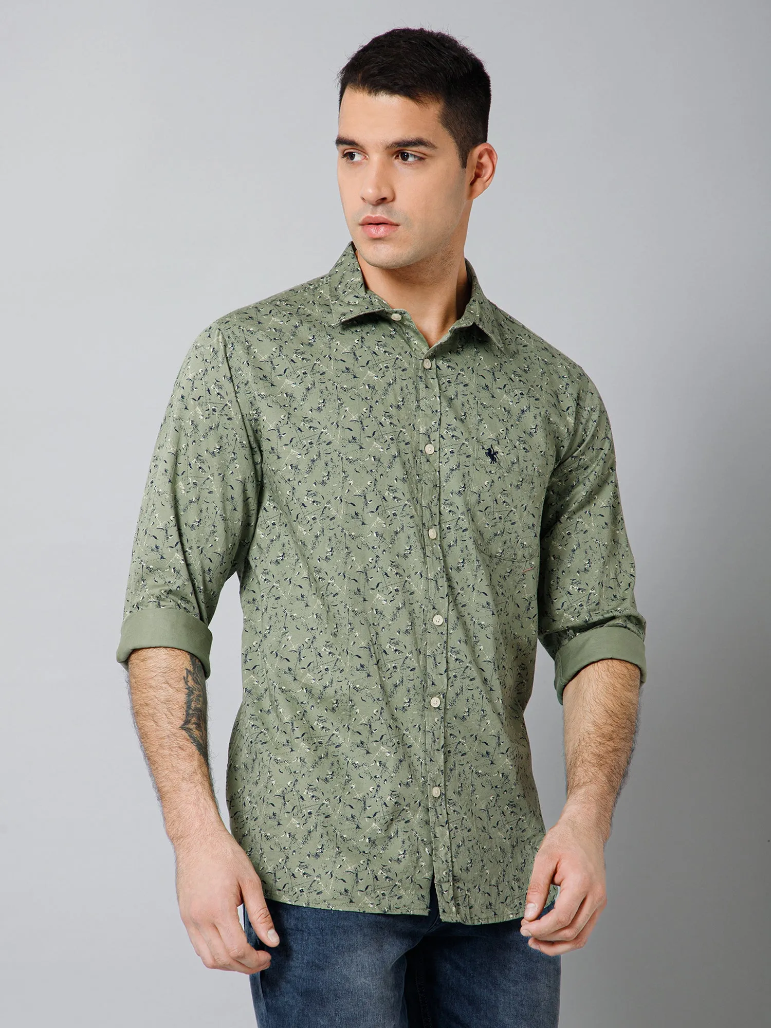 Men's Light Olive Casual Floral Print Full Sleeve Shirt