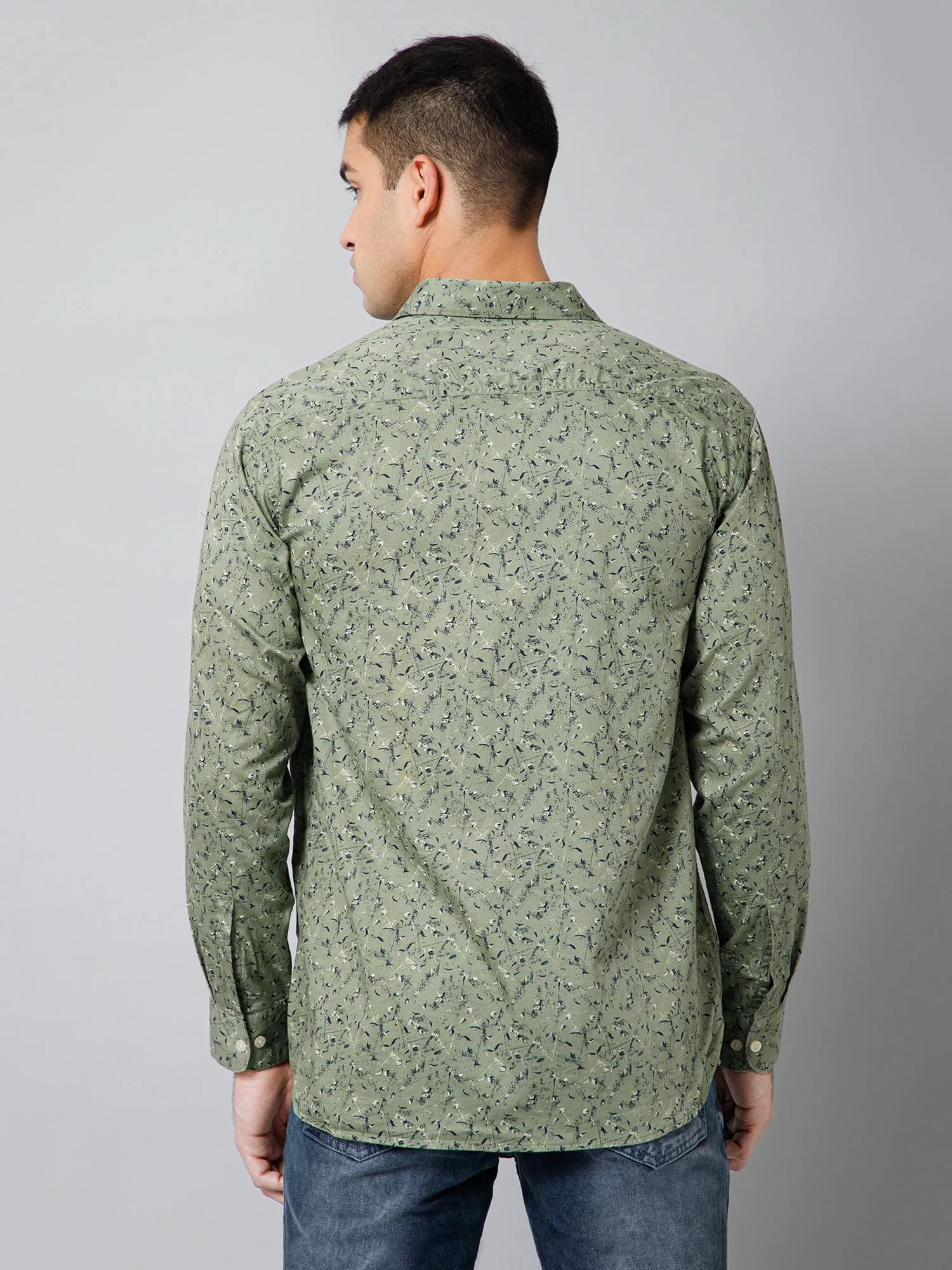 Men's Light Olive Casual Floral Print Full Sleeve Shirt