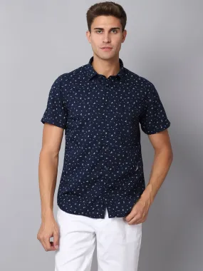 Men's Navy Blue Casual Floral Print Half Sleeve Shirt