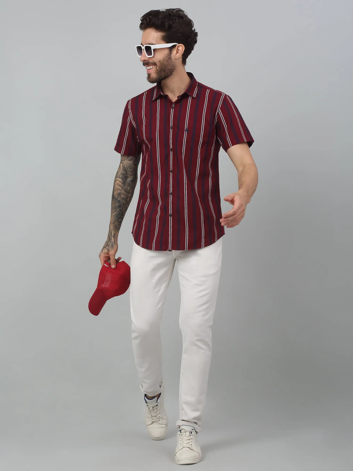 Men's Red Casual Broad Stripe Half sleeve Shirt