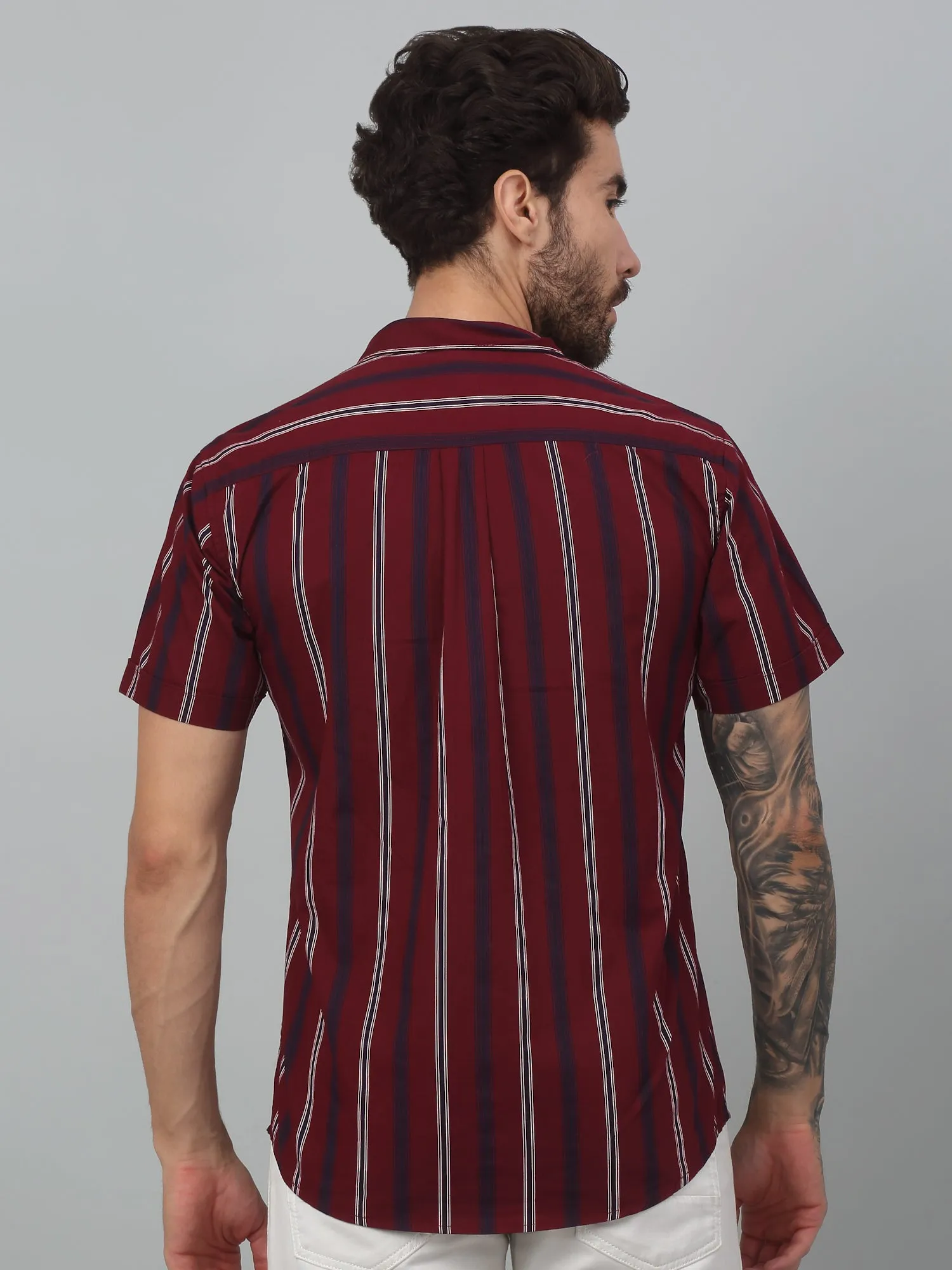 Men's Red Casual Broad Stripe Half sleeve Shirt