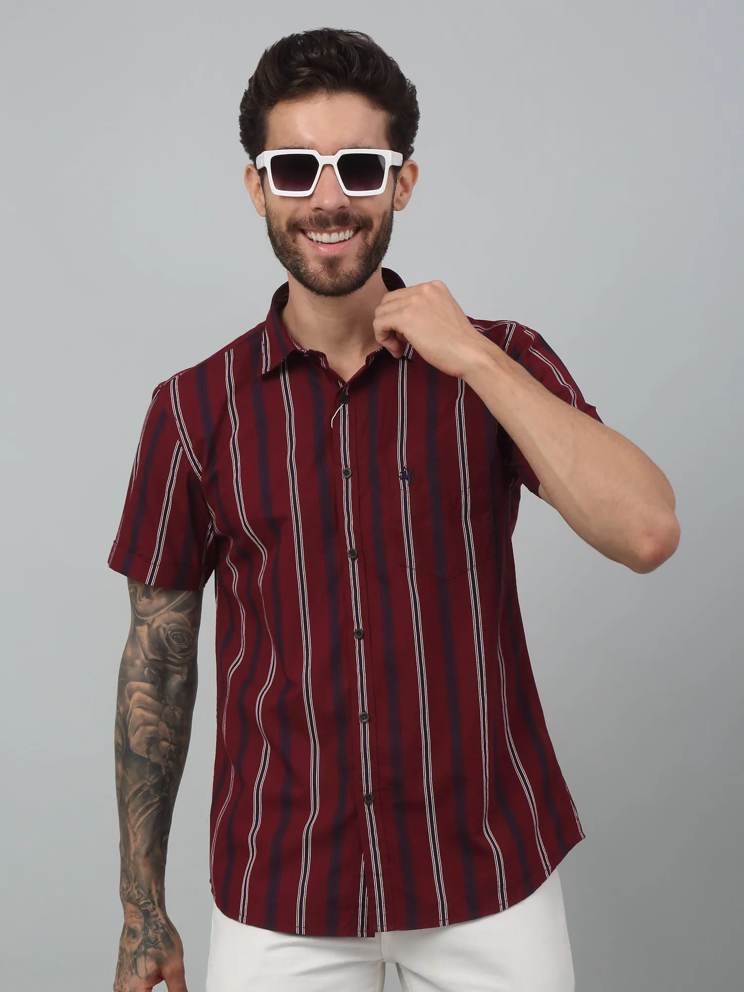 Men's Red Casual Broad Stripe Half sleeve Shirt