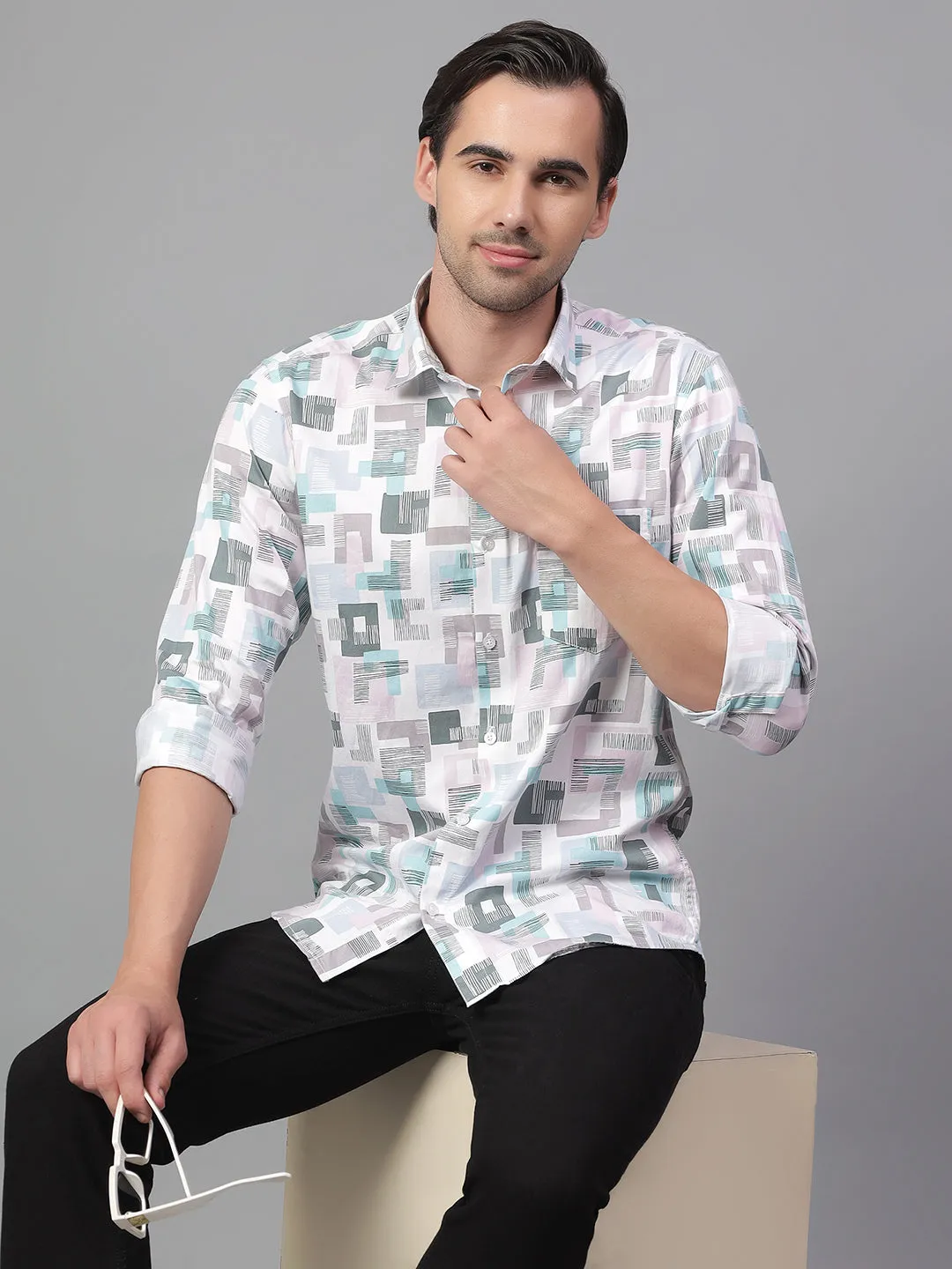 Men's White Printed Full Sleeve Casual Shirt