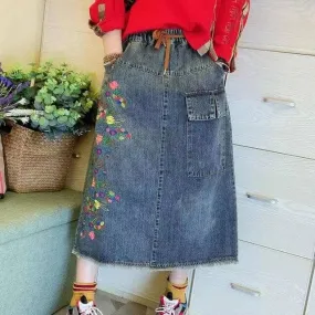 Midi Denim Skirt With Belt And Flower Embroidery