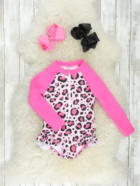 Pink Leopard Raglan Rash Guard Swimsuit