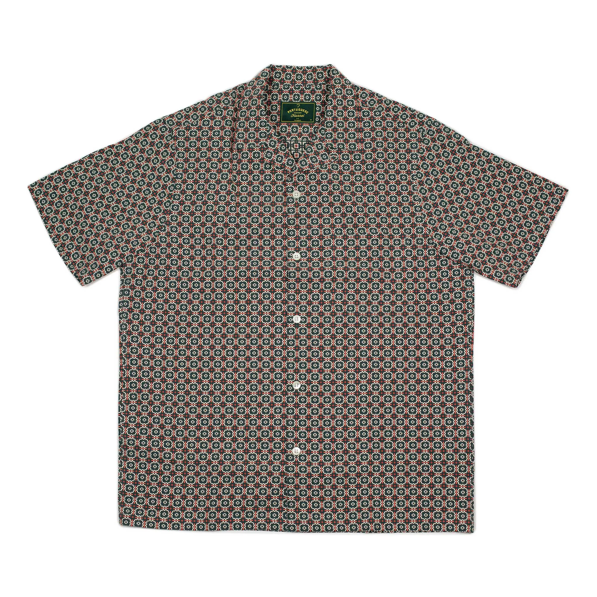 Tile camp collar shirt in green and orange mosaic print cotton