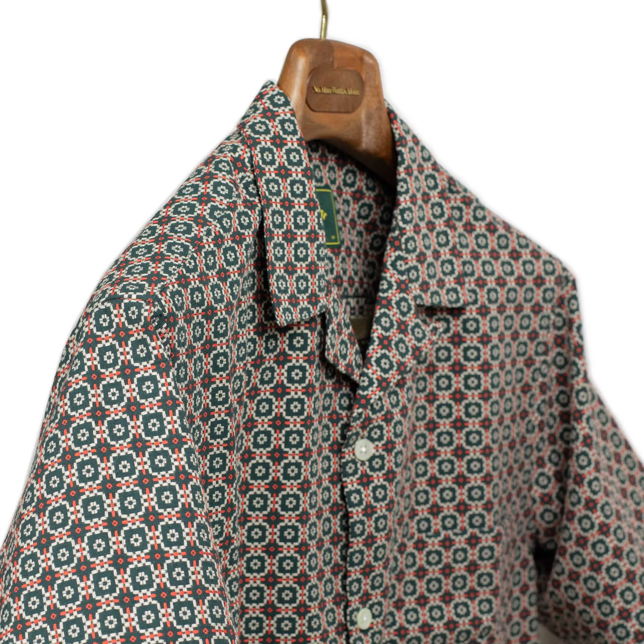 Tile camp collar shirt in green and orange mosaic print cotton