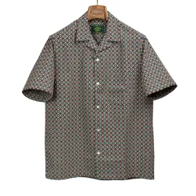 Tile camp collar shirt in green and orange mosaic print cotton